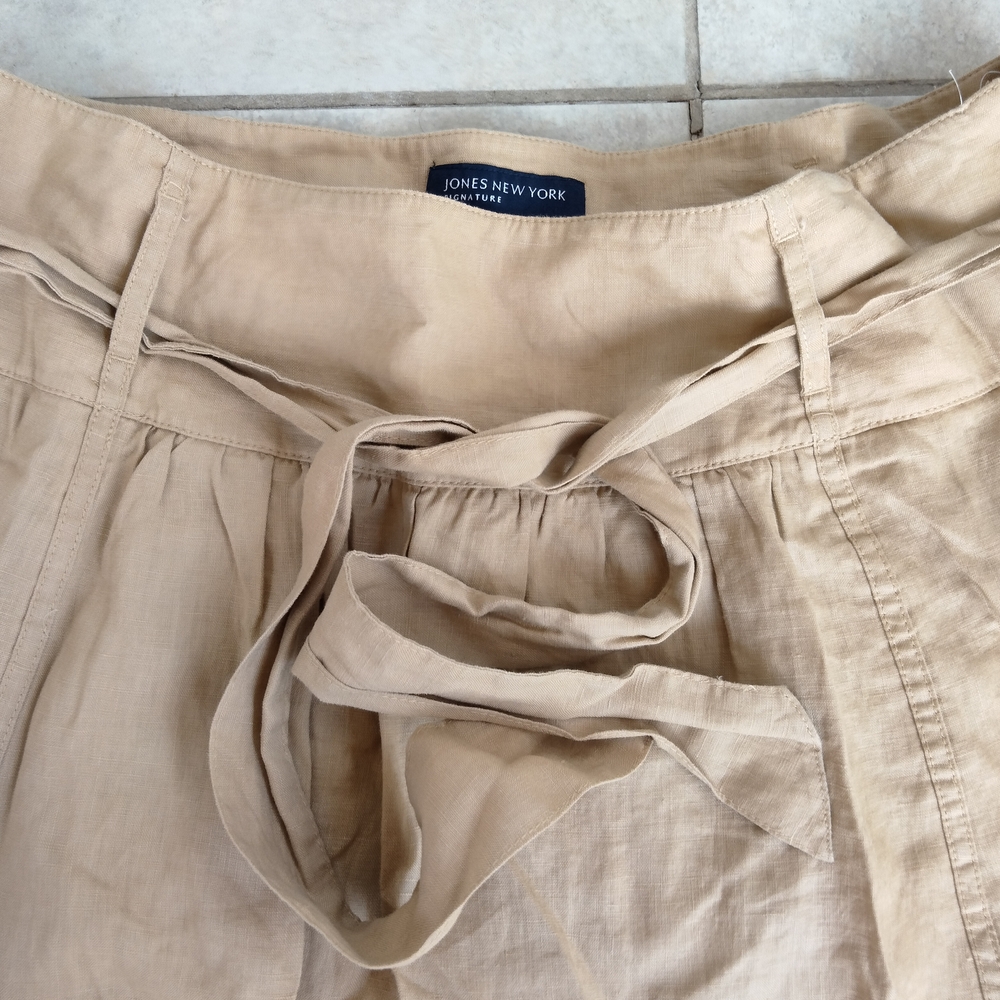 Jones New York Signature Tan 100% Linen Womens Sz 14 Belted Midi Skirt Lagenlook - Picture 4 of 12